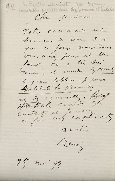 Lettre de Renoir à Berthe Morisot (1841-95) concernant sa première exposition, 25 mai 1892 - Pierre Auguste Renoir